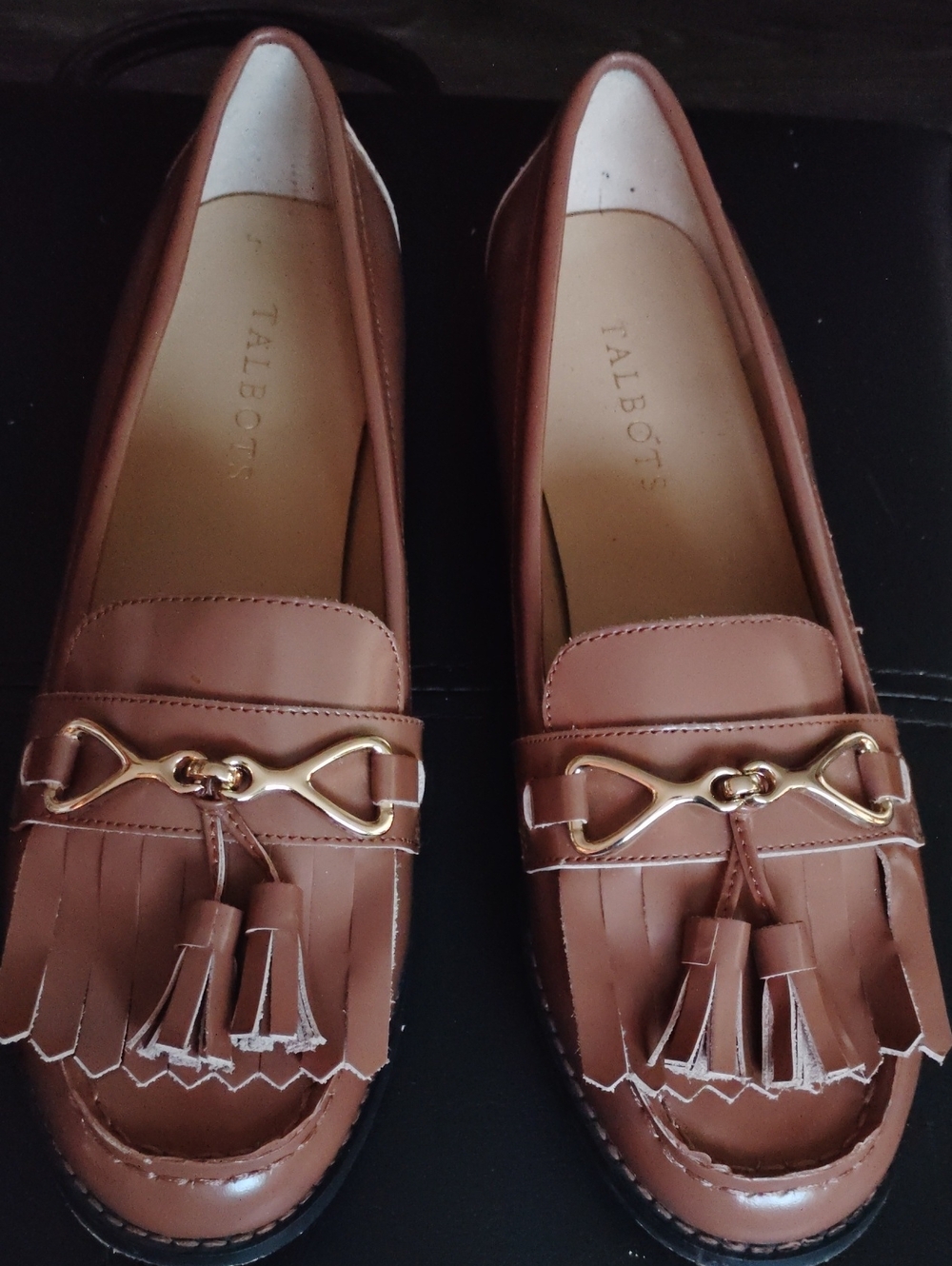 Talbots Chestnut Brown Leather Tassel Loafers with Gold Bit